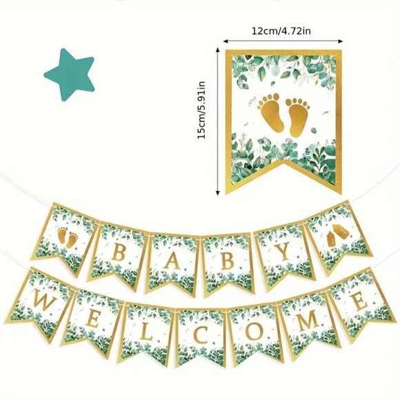 Baby Shower Banner Set - Welcome Baby Golden Foil Pennant Flags - Picture 2 of 3
